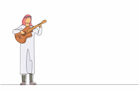 Continuous one line drawing Arabian man playing acoustic guitar. Teenage boy musician playing strings at musical performance. Professional musician. Single line draw design vector graphic illustrationのイラスト素材