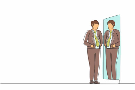 Continuous one line drawing businessman standing in front of mirror and see himself getting big belly with holding his stomach. Oversized and obesity concept. Single line draw design vector graphicのイラスト素材