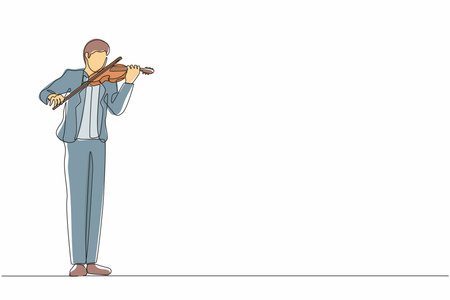 Single continuous line drawing man musician playing violin. Classical music performer with musical instrument. Male musician wearing suit playing violin. One line graphic design vector illustrationのイラスト素材