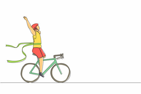 Single continuous line drawing disability games male disabled athlete or sportsman riding bicycle and crossing finish line. Ribbon breaker winner. Winning champion concept. One line draw design vectorのイラスト素材