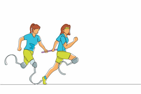 Single continuous line drawing two disable runners with prosthesis leg, disability women, amputee athletes, amputees running in relay race handing over the baton. One line draw graphic design vectorのイラスト素材