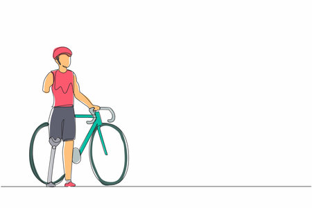 Single one line drawing man with prosthetic leg standing beside his bicycle bike. Sport training. Disability game. Disabled rehabilitation, recovery rehab. Continuous line draw design graphic vectorのイラスト素材