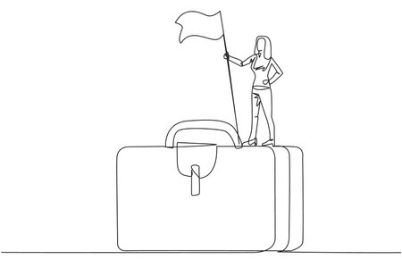 Continuous one line drawing of  businesswoman standing on giant briefcase holding flag. Going on a business trip to find newer ideas in startup business. Single line draw design vector illustrationのイラスト素材