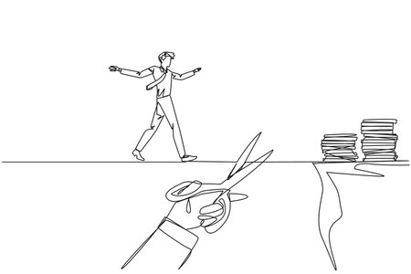 Continuous one line drawing businessman walking on tightrope from one cliff to another. Failed to move to much better place. Cheated by business friend. Single line draw design vector illustrationのイラスト素材
