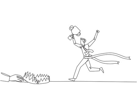 Single one line drawing businessman running with trophy. A dangerous business trap. A trap that really brings down a business. Fake friend. Traitor. Rival. Continuous line design graphic illustrationのイラスト素材