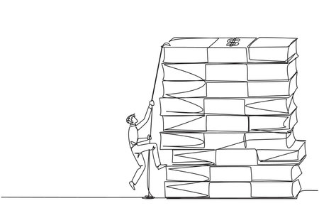 Single continuous line drawing businessman climbs stack of banknotes with rope. The hard worker to raise capital to create a new business. For better future life. One line design vector illustrationのイラスト素材