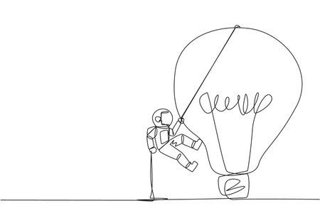 Single one line drawing astronaut climbing lightbulb with rope. Trying to reach high places to get useful fresh ideas. For the company's benefit. Work hard. Continuous line design graphic illustrationのイラスト素材