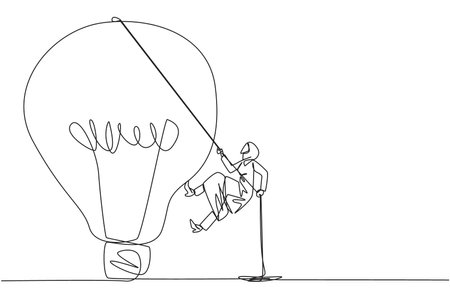 Continuous one line drawing Arab businesswoman climbs lightbulb with rope. Trying to reach high places to get useful fresh ideas. For the company's benefit. Single line draw design vector illustrationのイラスト素材