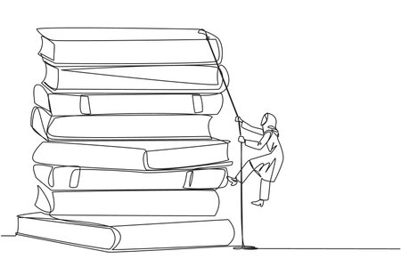 Single continuous line drawing Arab businesswoman climbs a pile of books with a rope. Try hard to gain new knowledge for the smooth running of business. Work hard. One line design vector illustrationのイラスト素材