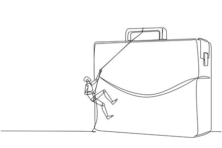 Single continuous line drawing smart robot climbs briefcase with the rope. A metaphor for building a business from scratch. Growing and having many relationships. One line design vector illustrationのイラスト素材