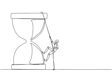 Single continuous line drawing smart robot climbs hourglass with the rope. The countdown is set. Deadline is coming soon. Time management must be good. Work smart. One line design vector illustrationのイラスト素材