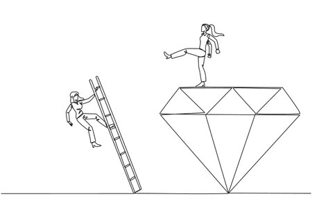 Single one line drawing businesswoman kicks rival who climbing the diamond with a ladder. Knocking rival down from achieving a glorious position together. Continuous line design graphic illustrationのイラスト素材
