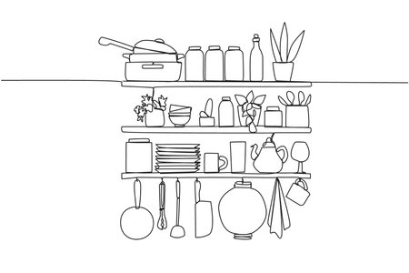 Single one line drawing cooking utensils in one vector image. Wall rack full of cooking utensils. Elegant layout. Neat for easy finding of cooking utensils. Continuous line design graphic illustrationのイラスト素材
