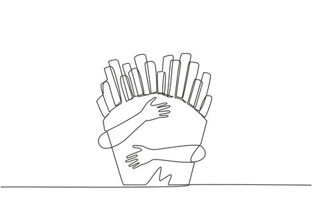 Single continuous line drawing of human hands hugging french fries. Fast food that many people like; old, young, children. When addicted will cause obesity. Not a healthy food. One line design vectorのイラスト素材