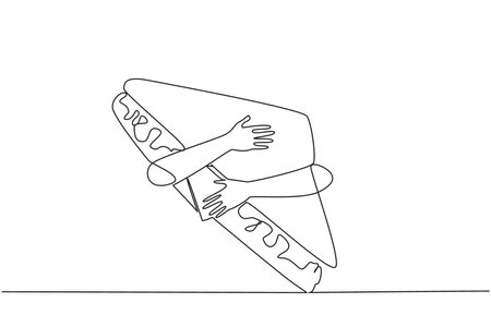 Continuous one line drawing of hands hugging sandwich. Two slices of bread sandwiched between meat, vegetables, cheese and a few other ingredients. Lunch menu. Single line design vector illustrationのイラスト素材