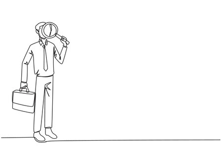 Single one line drawing businessman stood holding a magnifier and the other holding a briefcase. Look for the smallest possible opportunities for profit that can be exploited. Continuous line designのイラスト素材