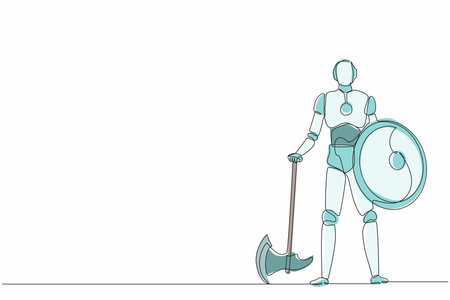 Continuous one line drawing robots stands holding big axe and shield. Humanoid robot cybernetic organism. Future robotics development concept. Single line draw design vector graphic illustrationのイラスト素材