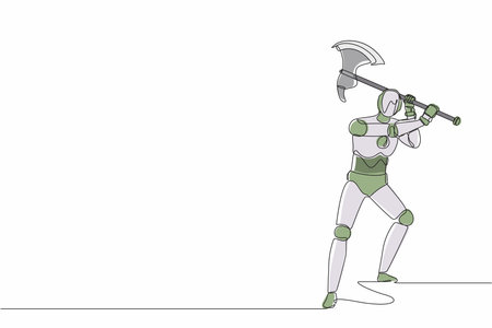Single continuous line drawing robot standing and swinging big axe. Modern robotics artificial intelligence technology. Electronic technology industry. One line draw graphic design vector illustrationのイラスト素材