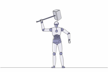 Single one line drawing robot standing and lifting up big hammer. Future technology development. Artificial intelligence machine learning process. Continuous line design graphic vector illustrationのイラスト素材