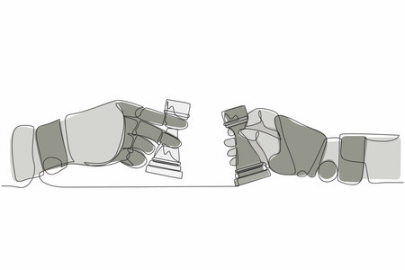 Single one line drawing robot hands holding rook chess piece and the other hand too. Future technology. Artificial intelligence and machine learning process. Continuous line draw design graphic vectorのイラスト素材