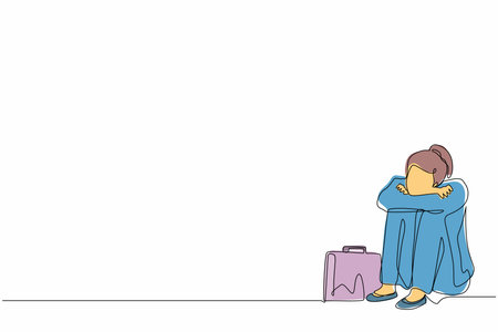 Single continuous line drawing depressed businesswoman suffer emotion sadness melancholy stress with briefcase sitting in despair on floor. Worker sad gesture expression. One line draw design vectorのイラスト素材