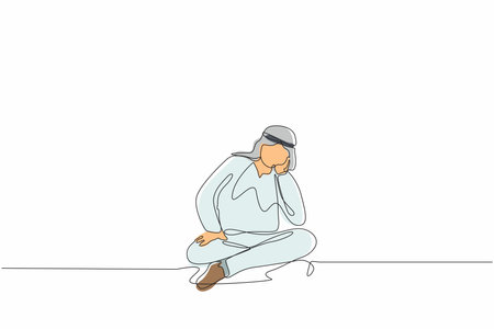 Single one line drawing Arab businessman who is asking questions or is confused because he gets into problem. Running out of ideas, daydreaming, sad, depressed. Continuous line design graphic vectorのイラスト素材