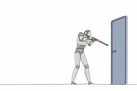 Single one line drawing robot pointing shotgun at doorknob. Future technology development. Artificial intelligence and machine learning process. Continuous line draw design graphic vector illustrationのイラスト素材