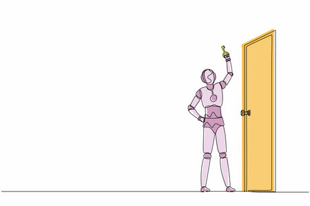 Single one line drawing robot lifting up key in front of door. Future technology development. Artificial intelligence machine learning process. Continuous line draw design graphic vector illustrationのイラスト素材