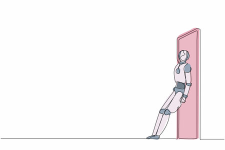 Continuous one line drawing robots standing and pushing door with her back. Humanoid robot cybernetic organism. Future robotics development concept. Single line draw design vector graphic illustrationのイラスト素材