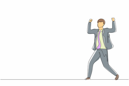 Single one line drawing happy businessman standing with raised his clenched hands. Male manager celebrating success of increasing company's product sales. Continuous line draw design graphic vectorのイラスト素材