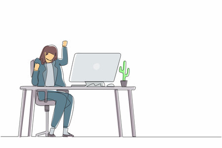 Single one line drawing happy businesswoman sitting on workplace with raised one hand high and raised the other. Worker celebrates salary increase from company. Continuous line design graphic vectorのイラスト素材