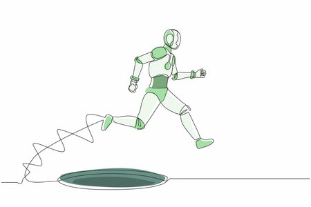 Continuous one line drawing robot jumping through the hole, metaphor to facing big problem. Humanoid robot cybernetic organism. Robotic development. Single line draw design vector graphic illustrationのイラスト素材