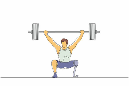 Single one line drawing disabled man weightlifter with amputated legs. Male amputee, heavyweight sportsman. Bionic prosthetic improving life quality. Continuous line design graphic vector illustrationのイラスト素材