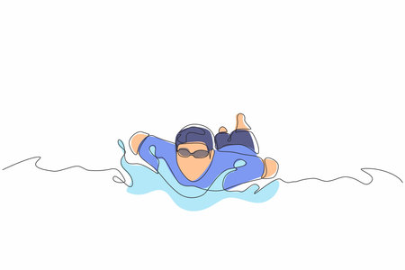 Single one line drawing young disabled person swim. Man in swimming suit without hand. Disabled sports. Healthy lifestyle. Active life with physical injury. Continuous line draw design graphic vectorのイラスト素材
