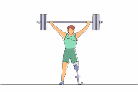 Single continuous line drawing strong disabled bodybuilder sportsman lifting heavy weight barbell over his head. Weightlifting sport for disability. One line draw graphic design vector illustrationのイラスト素材
