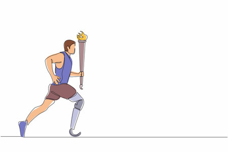 Continuous one line drawing disabled young athlete with prosthetic leg holding torch. Disability sportsman participating in opening ceremony of sport tournament. Single line draw design vector graphicのイラスト素材