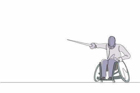 Single continuous line drawing disabled fencing young man in a wheelchair. Disability swordsman with rapier. Concept for sport, summer games, recovery, swordplay. One line draw graphic design vectorのイラスト素材