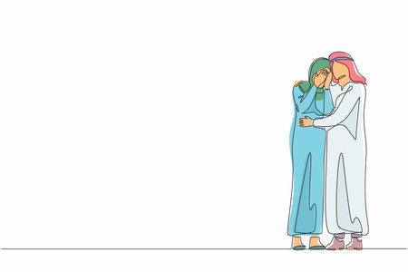 Single one line drawing Arabian man hugging soothing sad depressed frustrated crying woman holding shoulders and discussing problems. Support, stress, depression. Continuous line design graphic vectorのイラスト素材