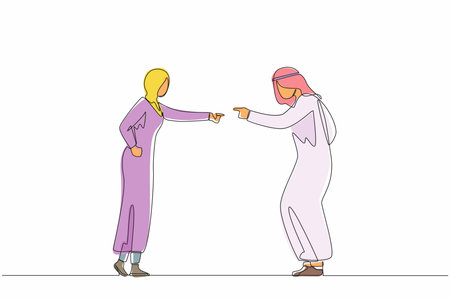 Continuous one line drawing angry aggressive Arabian couple man husband woman wife yelling and quarrelling together. Furious dispute discussion or disagreement. Single line draw design vector graphicのイラスト素材