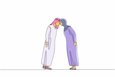 Single continuous line drawing Arab man and woman arguing scream at each other engaged in family fight. Stubborn angry husband and wife yell shout, argue quarrel at home. One line draw design vectorのイラスト素材