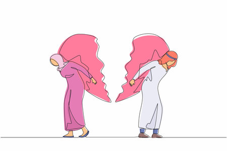 Single continuous line drawing broken heart carried by Arab man and woman. Divorce heartache concept. Family conflict. Break up relationship. Married couple angry, sad. One line graphic design vectorのイラスト素材