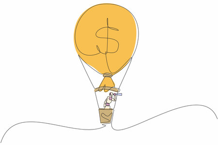 Single continuous line drawing robots in hot air balloon with money bag looking with telescope or monocular. Modern robot artificial intelligence technology. One line draw design vector illustrationのイラスト素材