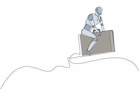 Single continuous line drawing robot riding and flying with briefcase rockets. Humanoid robot cybernetic organism. Future robotics development concept. One line draw graphic design vector illustrationのイラスト素材