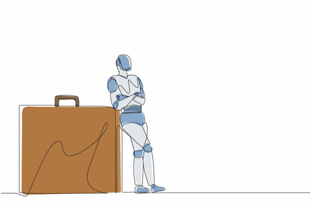 Continuous one line drawing robots lean on huge briefcase. Modern robotics artificial intelligence technology. Electronic technology industry. Single line draw design vector graphic illustrationのイラスト素材