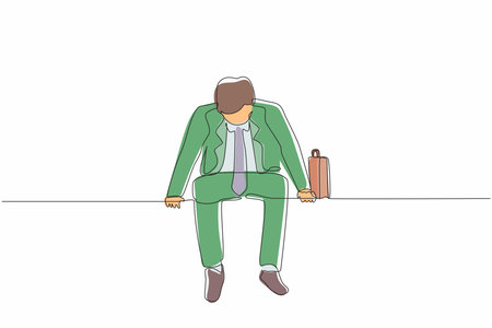 Continuous one line drawing sad businessman sits at bench alone. Man suffering from depression, experiences dismissal, gets into difficult life situation, despair. Single line design vector graphicのイラスト素材