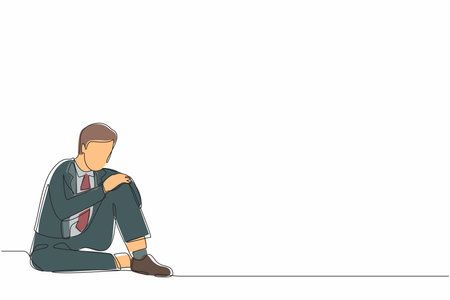 Single continuous line drawing very sad businessman sitting alone on the floor. Depressed young man disorder, sad, sorrow, disappointment symptom. One line draw graphic design vector illustrationのイラスト素材