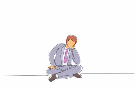 Continuous one line drawing businessman who is asking questions or is confused because he gets into problem. Running out of ideas, daydreaming, sad, depressed. Single line draw design vector graphicのイラスト素材