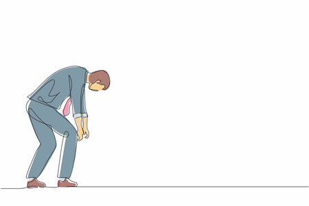 Continuous one line drawing sad businessman bowed down. Man feeling lonely and having mental pressure or stress. Bankruptcy on global economic recession, failure. Single line graphic design vectorのイラスト素材