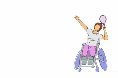 Single one line drawing badminton player sitting on wheelchair with smash pose. Disabled sportswomen wear uniform, amputee woman sport competition. Continuous line draw design graphic vectorのイラスト素材