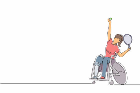 Single continuous line drawing wheelchair tennis sport. athlete in wheelchair with racket. Active people. Woman. Disability, social policy. Social support. One line draw graphic design vectorのイラスト素材